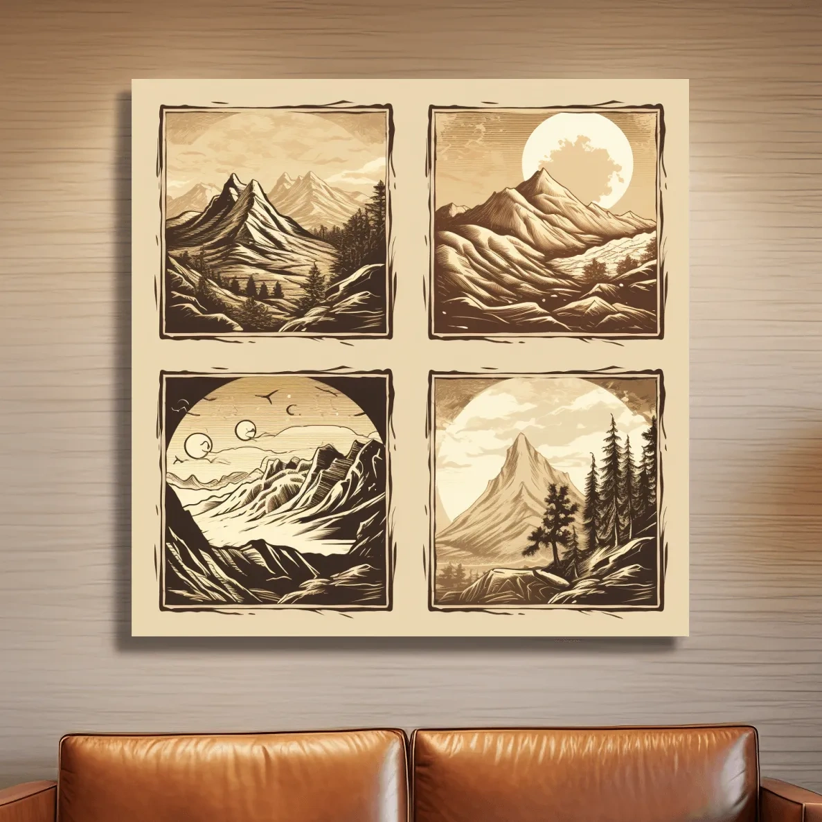 4x4 grid alpine mountain artwork, vector style illustrations, sepia tone