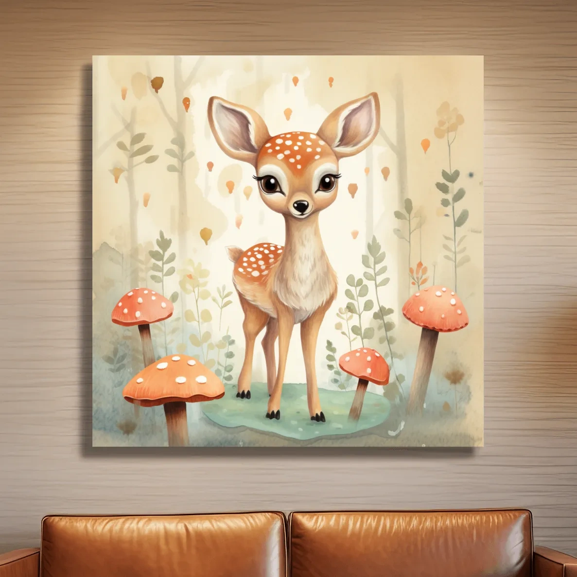 Nursery art, illustration of a cute baby fawn in the forest