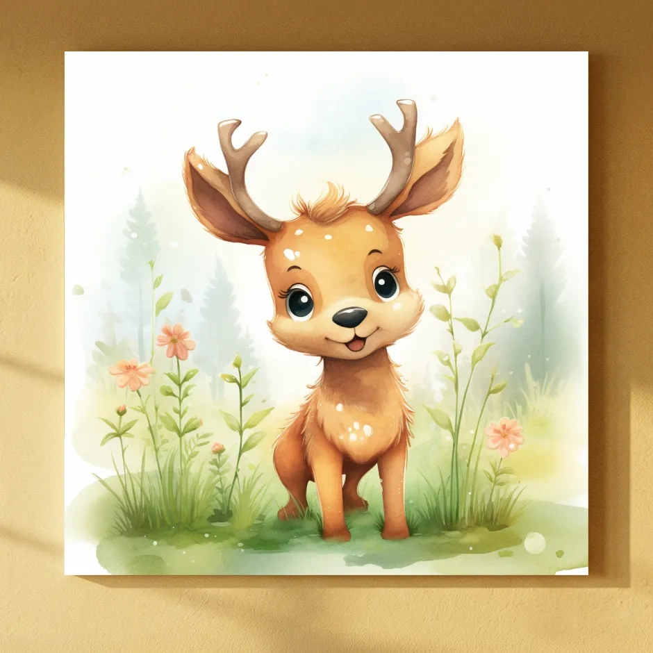 Cute Watercolor Baby Deer Illustration - Woodland Nursery Animal Wall Art