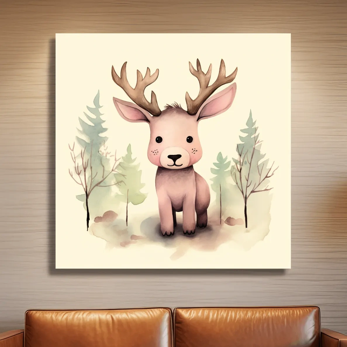 Childrens nursery art, an illustration of a cute baby moose in the forest
