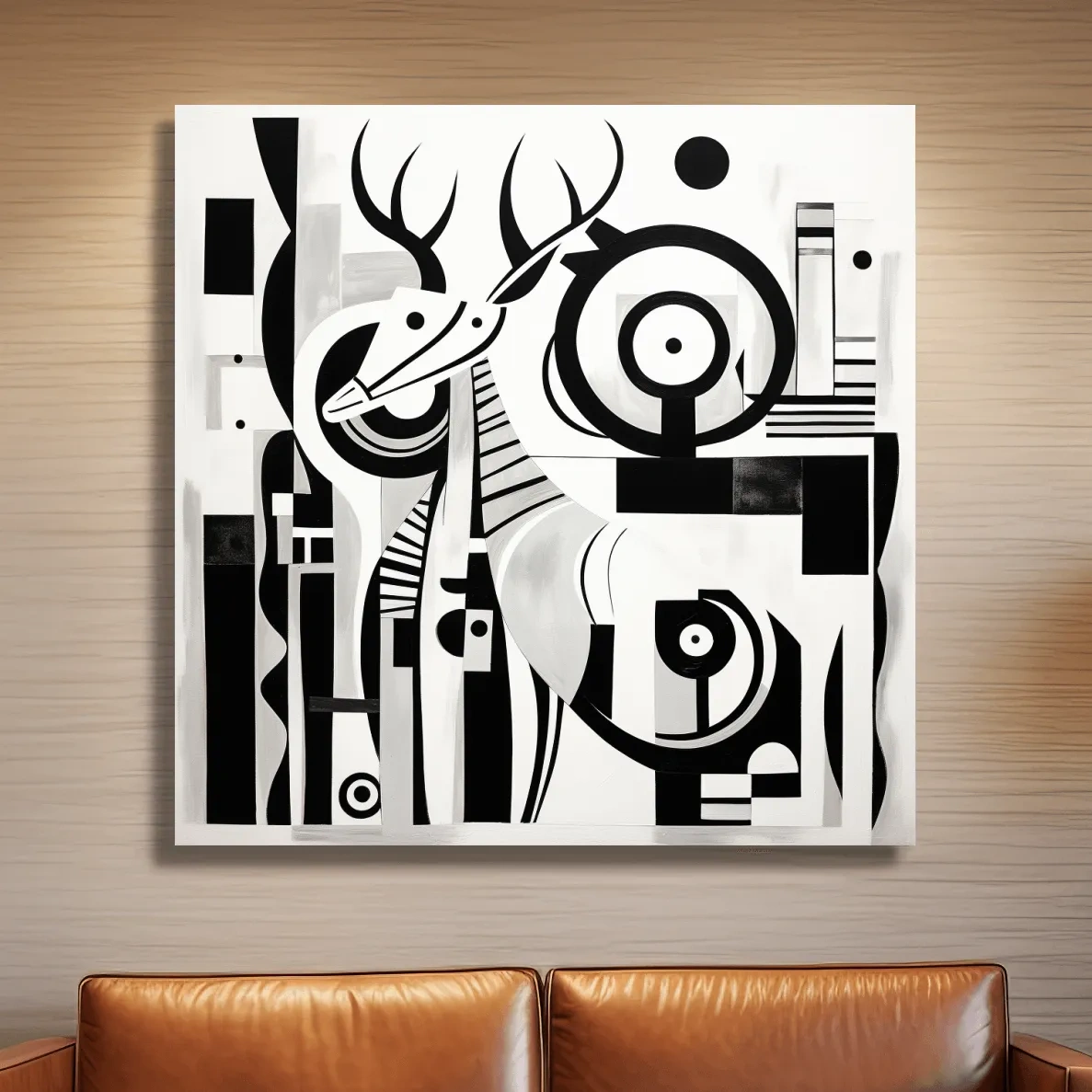 Abstract Geometric Deer Artwork - Mid-Century Black And White Animal Wall Art
