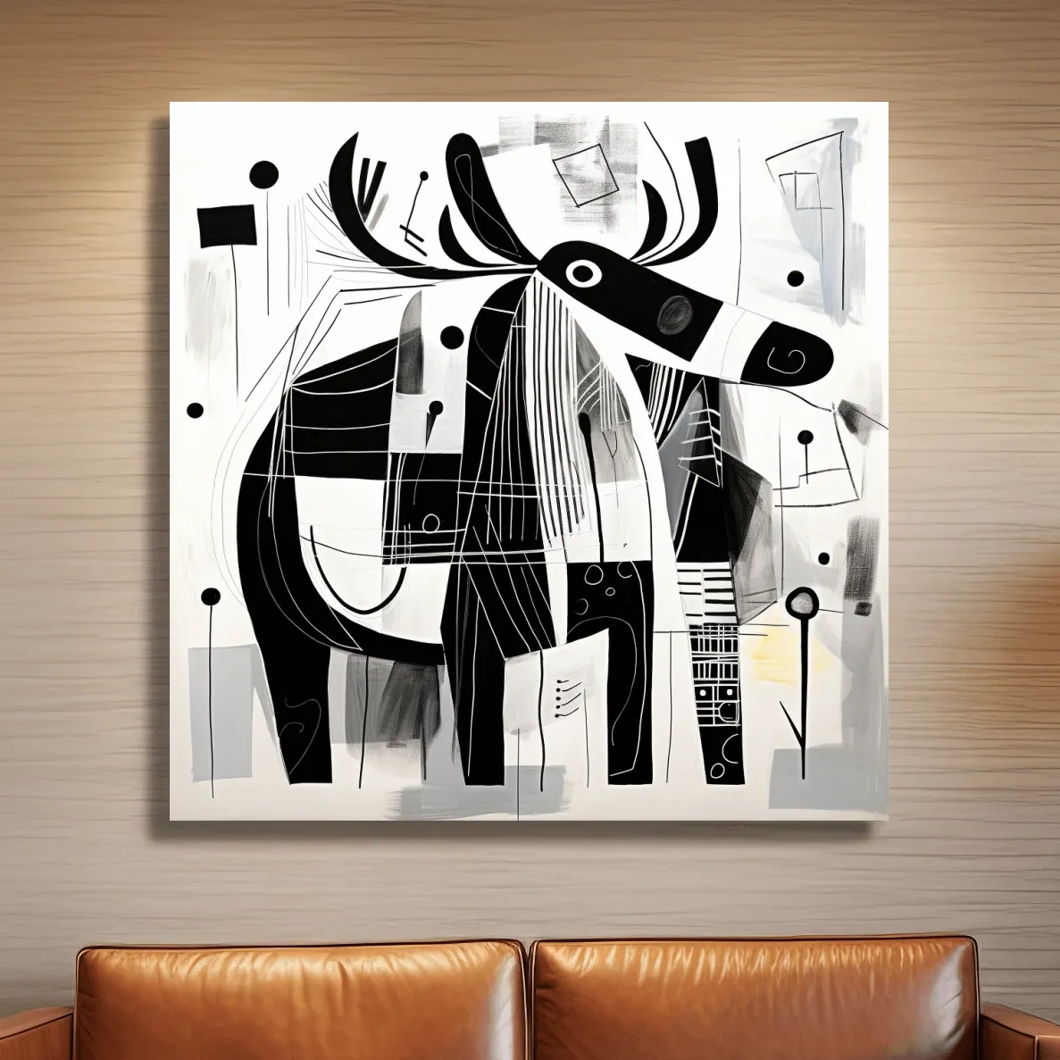 Abstract Monochrome Moose Illustration - Modern Geometric Wildlife Wall Art