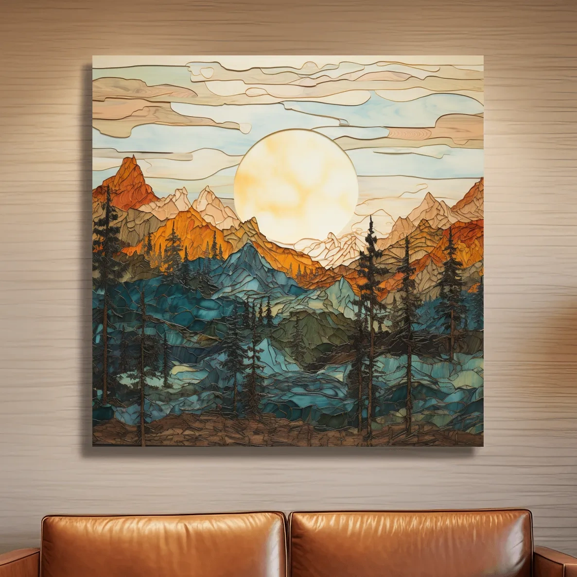Sunset over the alpine forest mountain art, leadlight stained glass style