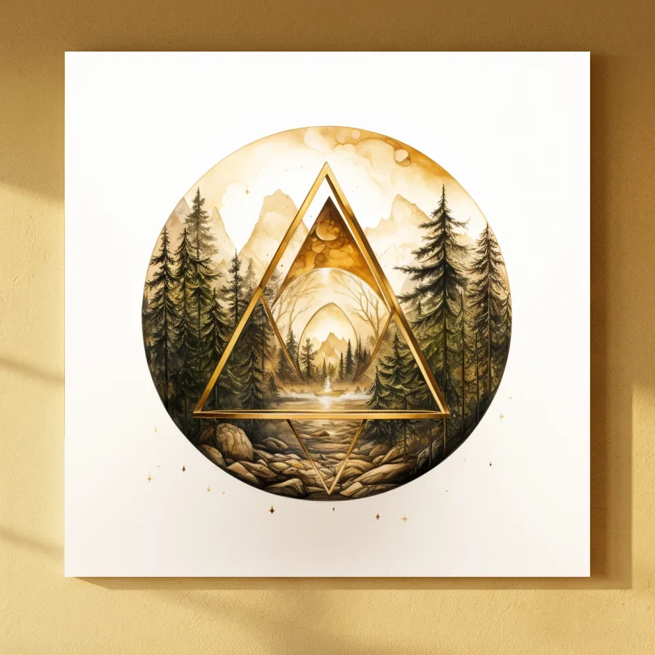 Rustic Mountain Forest Watercolor - Gold Sepia Landscape Wall Art