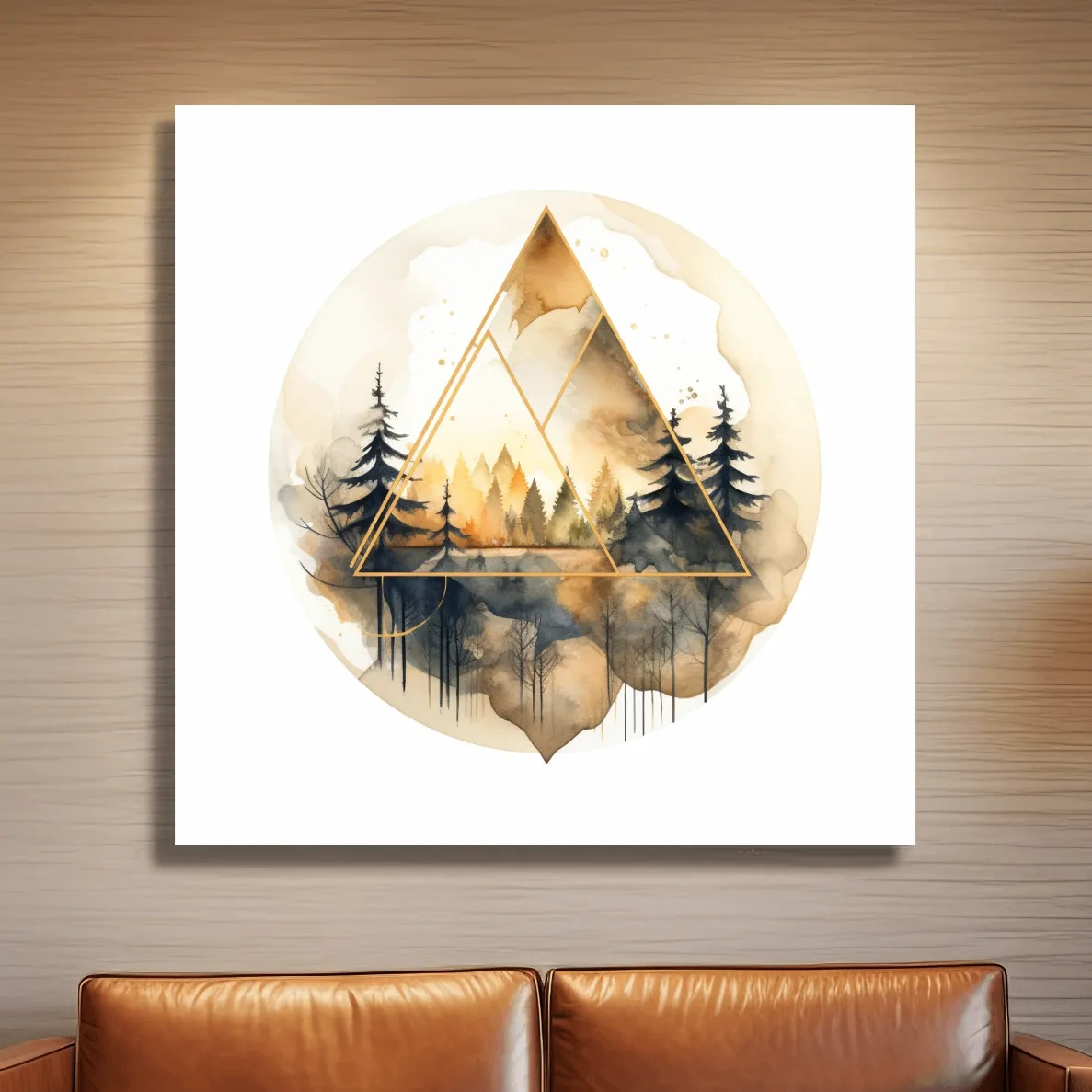 Rustic geometric forest watercolour painting, minimal and elegant