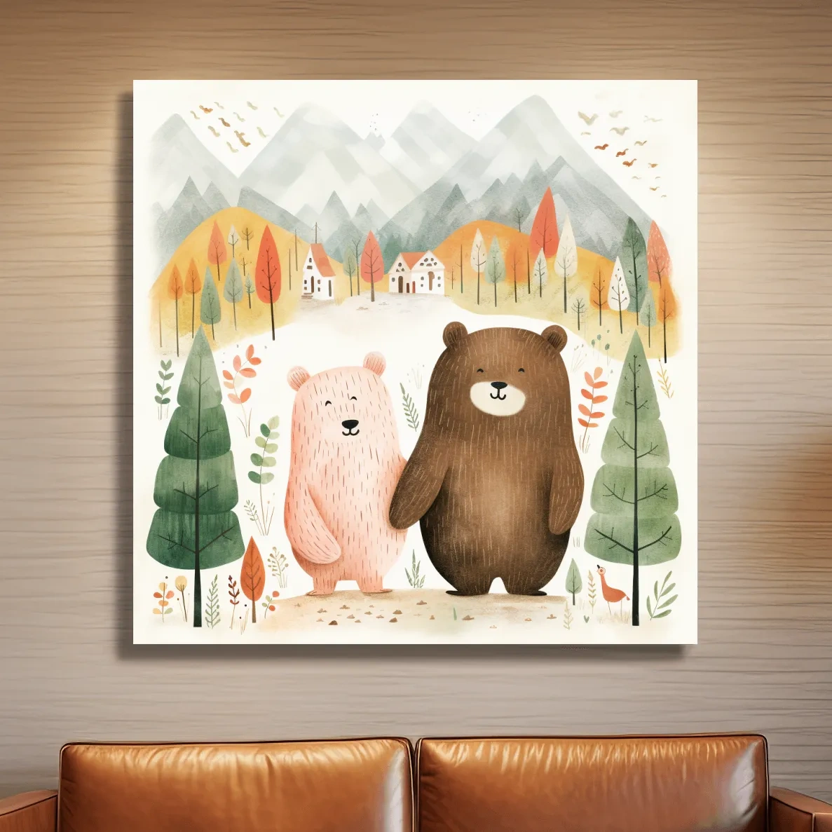 Cute storybook nursery art, bears holding hands in the mountains