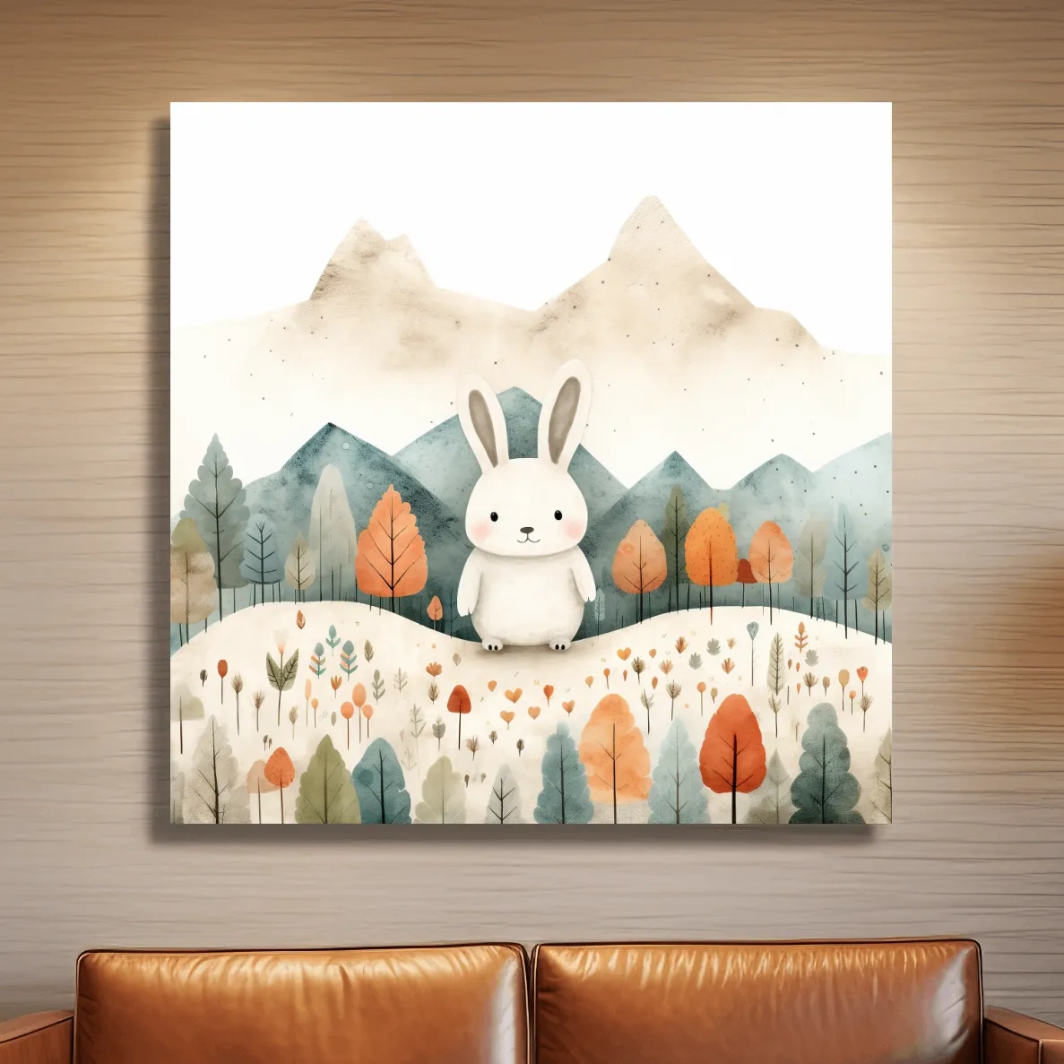 Cute Watercolor Bunny In Mountain Forest - Whimsical Nursery Woodland Wall Art
