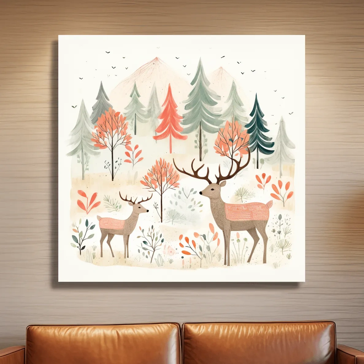 Storybook nursery art illustration, deer family in the forest