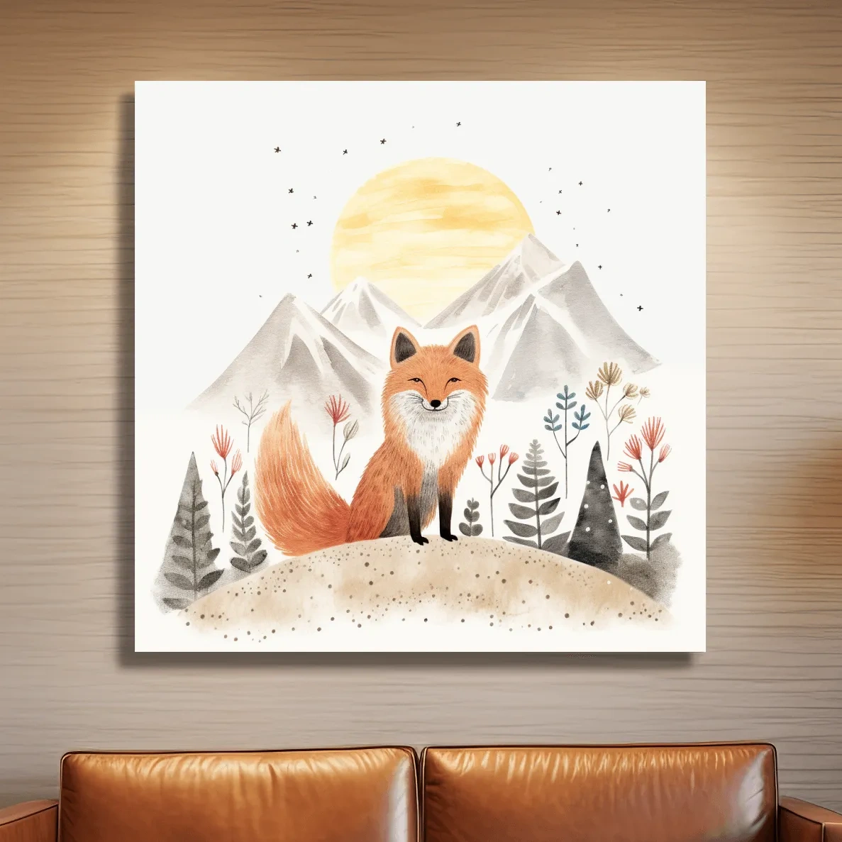 Whimsical Watercolor Fox Mountain Sunrise - Nursery Woodland Animal Wall Art