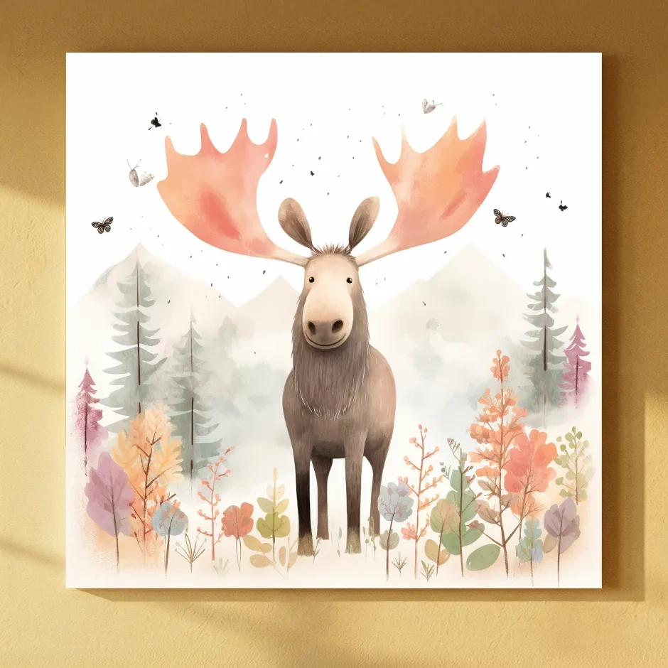 Whimsical Watercolor Moose In Pastel Forest - Storybook Nursery Animal Wall Art