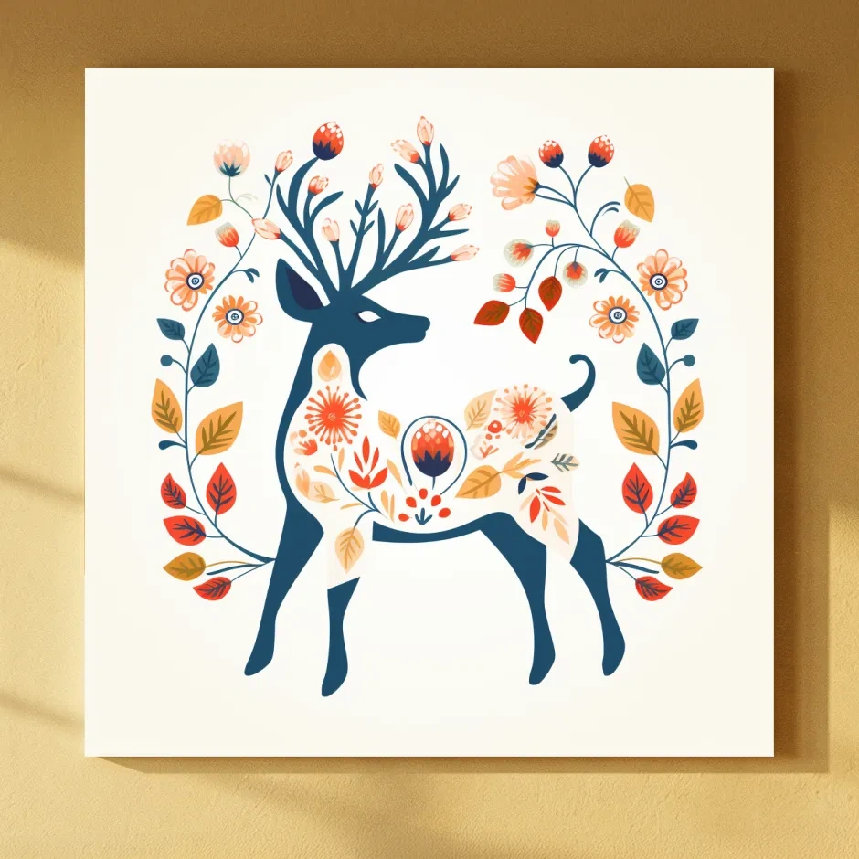 Folk Art Floral Deer Silhouette - Scandinavian Woodland Wall Art