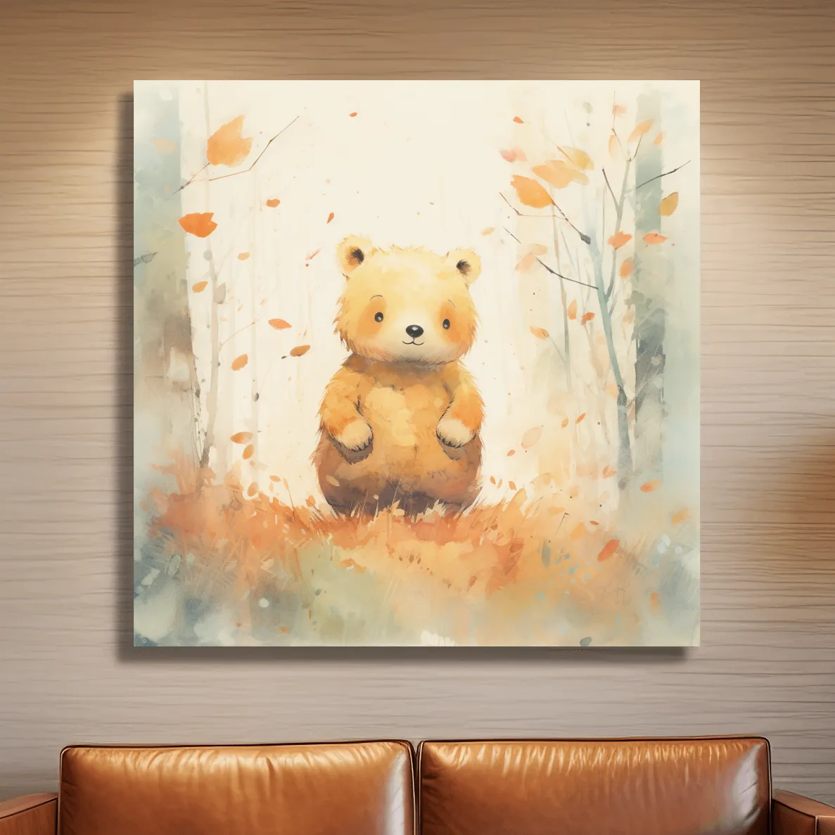 Cute bear cub in the forest, nursery watercolour style illustration art