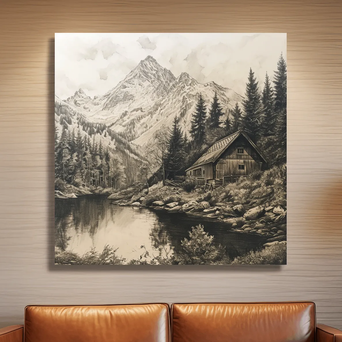 Vintage Sepia Mountain Cabin Lake Scene - Rustic Alpine Forest Landscape Art