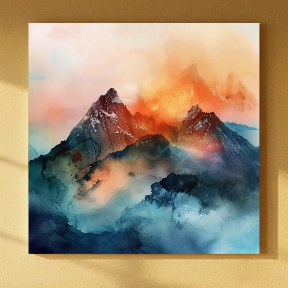 Vibrant Abstract Alpine Mountain Sunrise - Watercolor Landscape Artwork