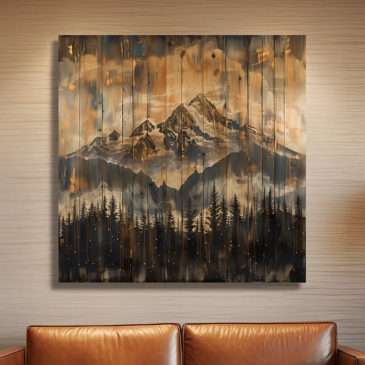 Mountain range cabin art, rustic wood burning effect, wooden panel style