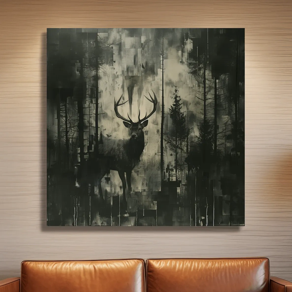Abstract painting, deer hidden in the forest, dark artwork