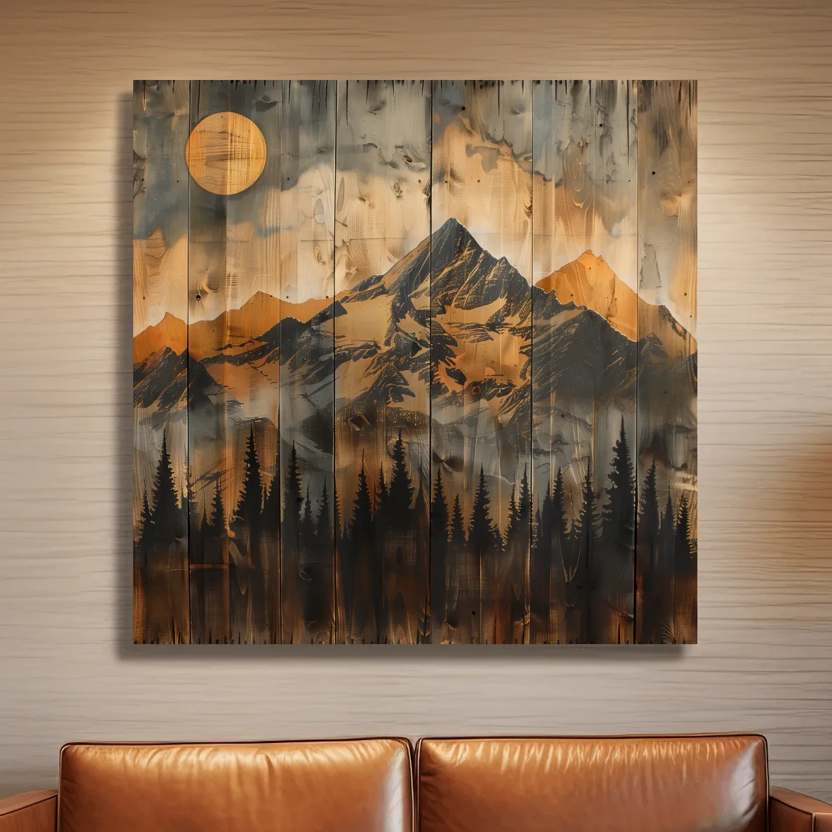 Mountain range alpine forest art, rustic wood burning effect, wood panel art