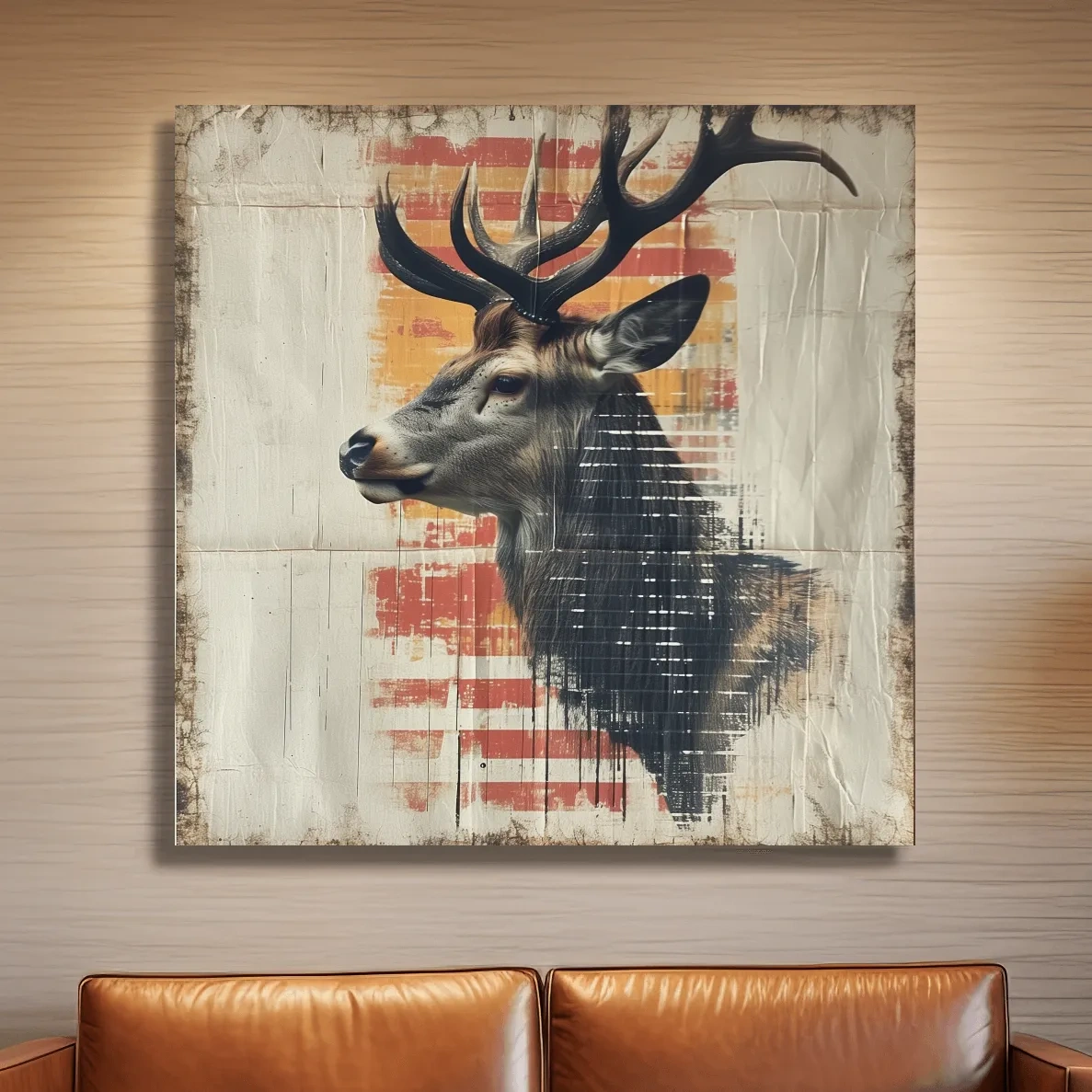 Deer head artwork, collage style art on textured paper