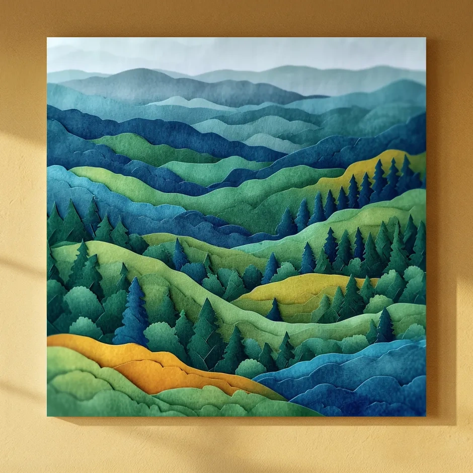 Layered Papercut Mountain Forest Landscape - 3D Effect Wall Art