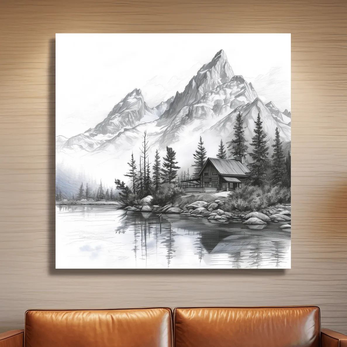 Lead pencil drawing of a cabin by an alpine lake beneath a glacier, mountain art