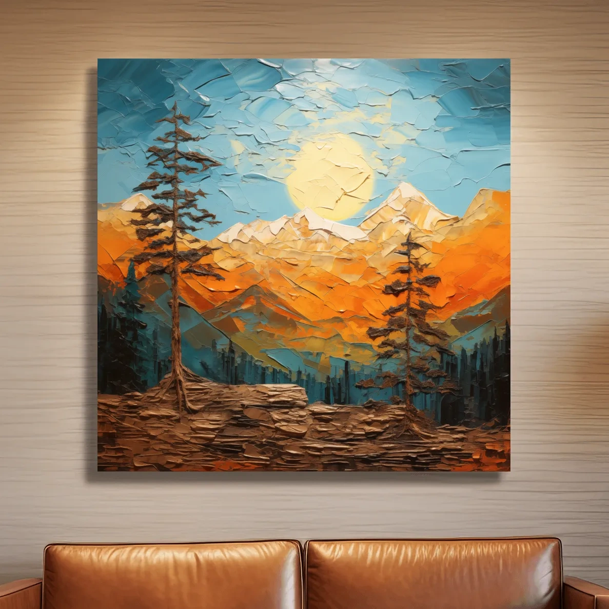 Mountains at sunset artwork print, thick impasto textured oil painting effect