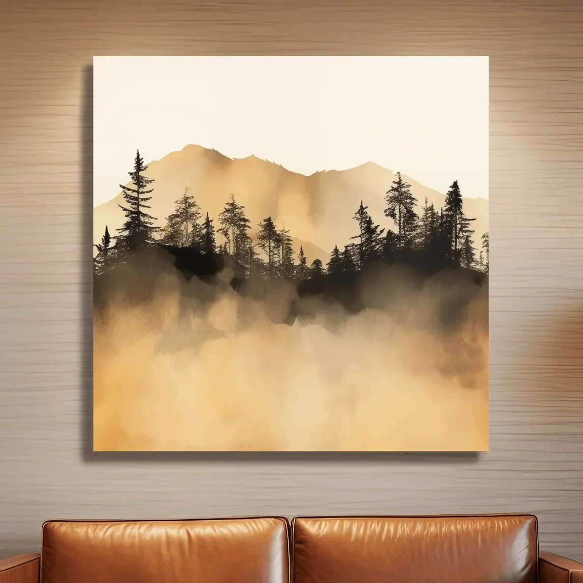 Misty mountain forest artwork, sepia watercolor style canvas painting