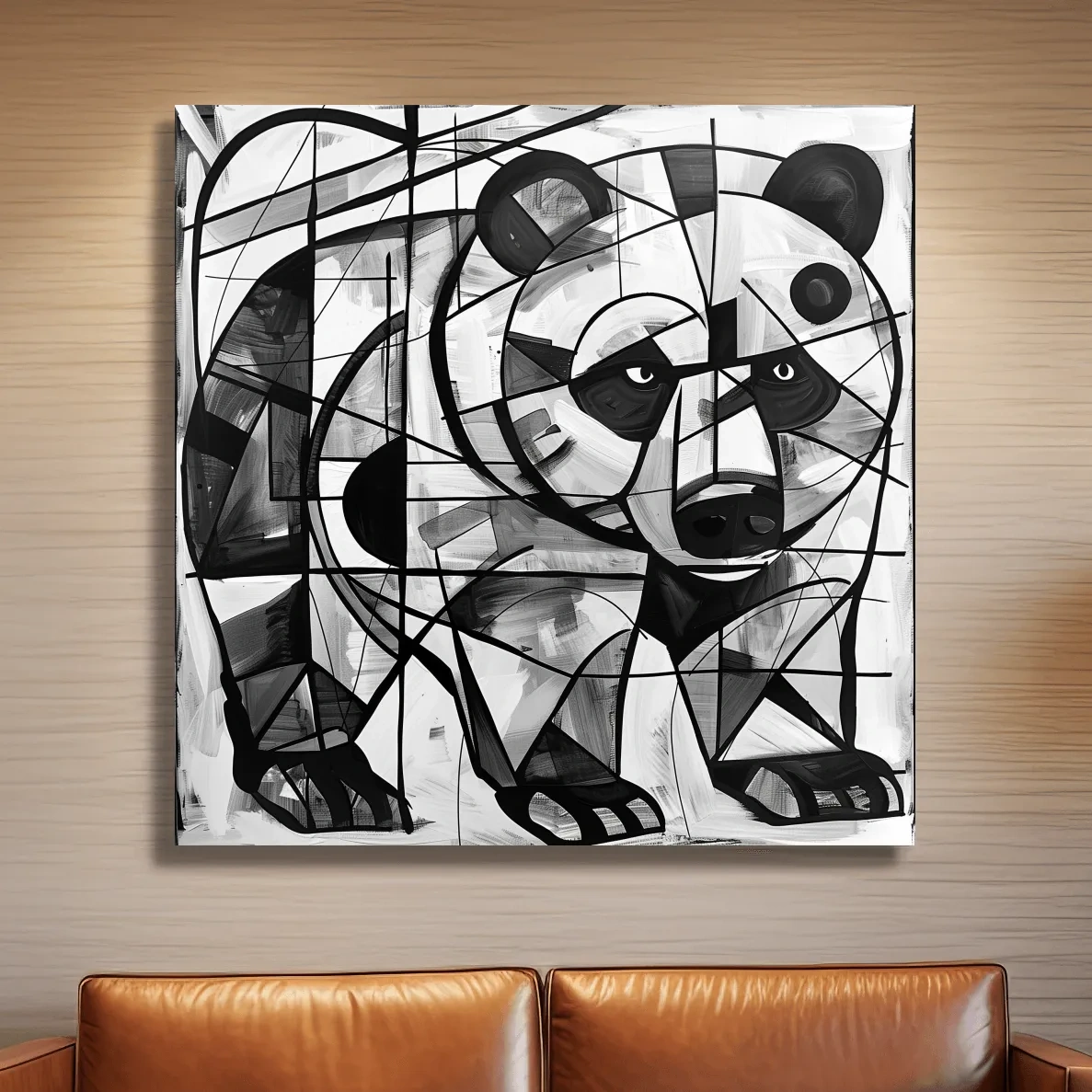 Abstract cubism style painting of a black bear