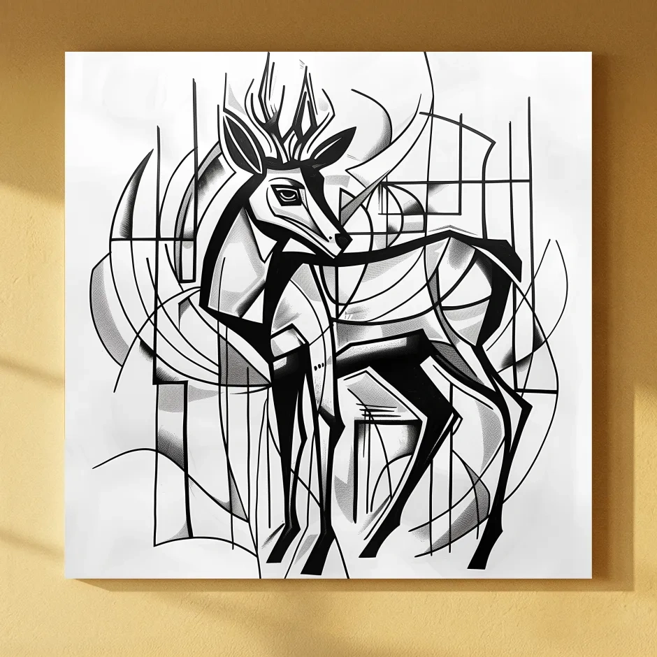 Cubism Abstract Stag Artwork - Modern Black And White Wildlife Wall Art