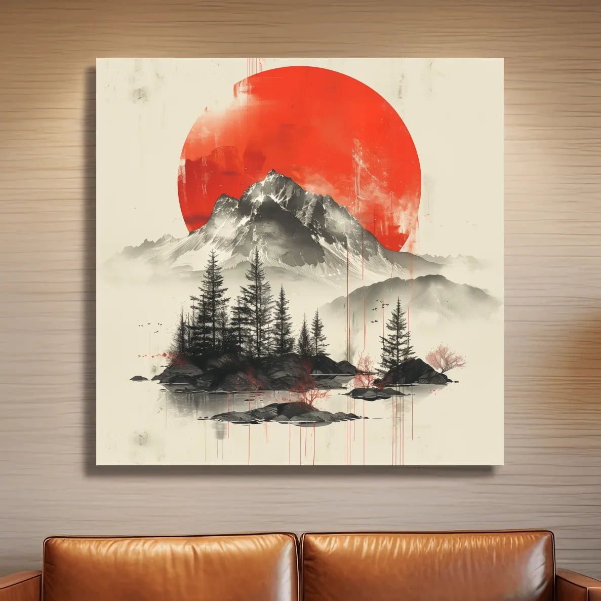 Japandi style minimalist artwork, sunset over a mountain glacier