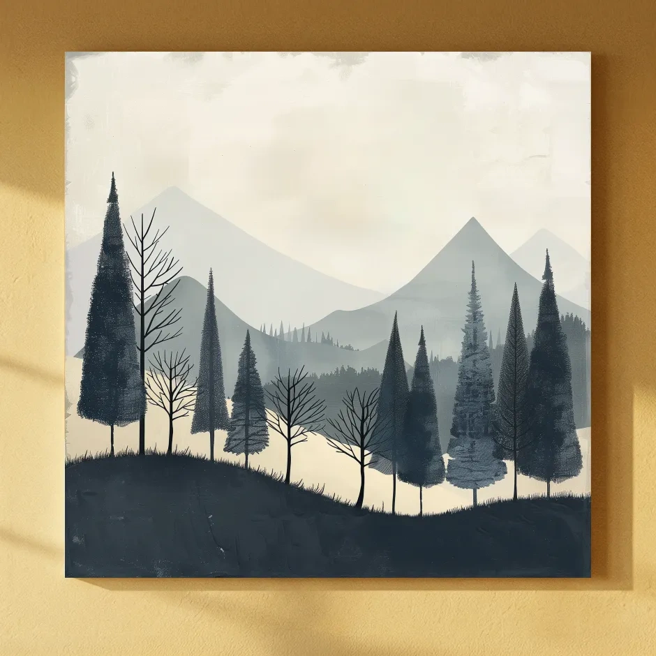 Minimalist Nordic Mountain Forest Landscape - Serene Scandinavian Nature Wall Art
