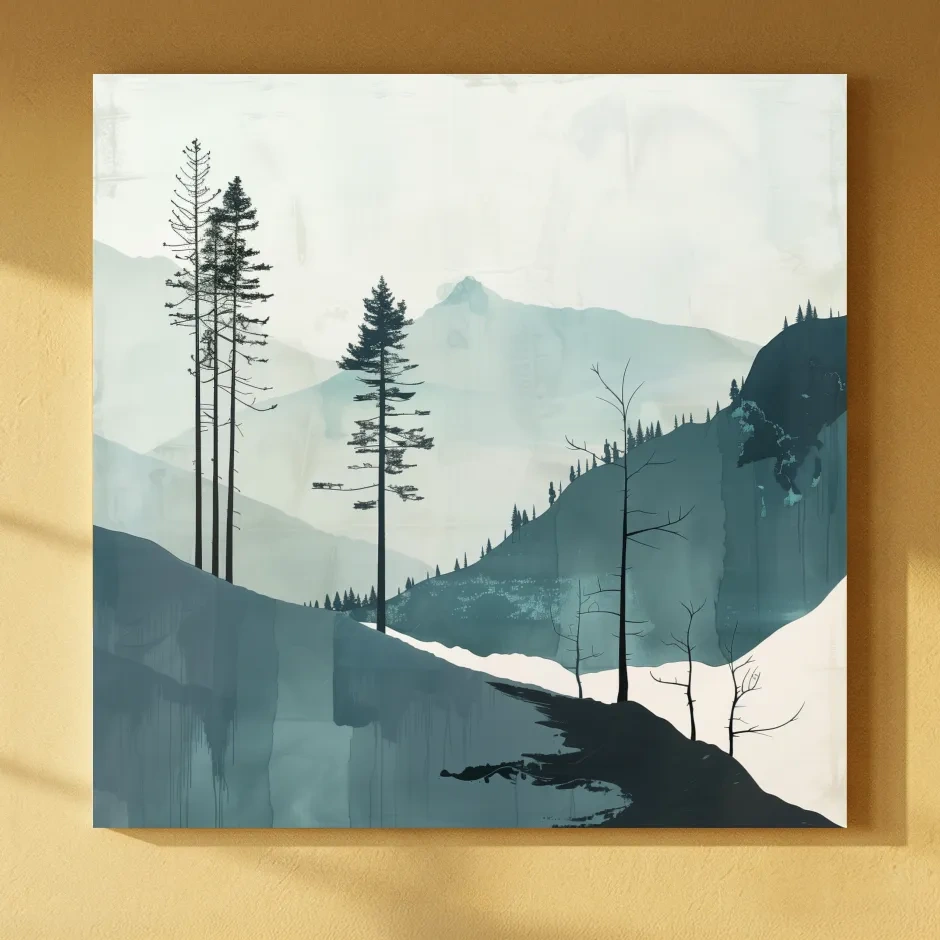Minimalist Nordic Forest Artwork - Scandinavian Alpine Mountain Wall Art