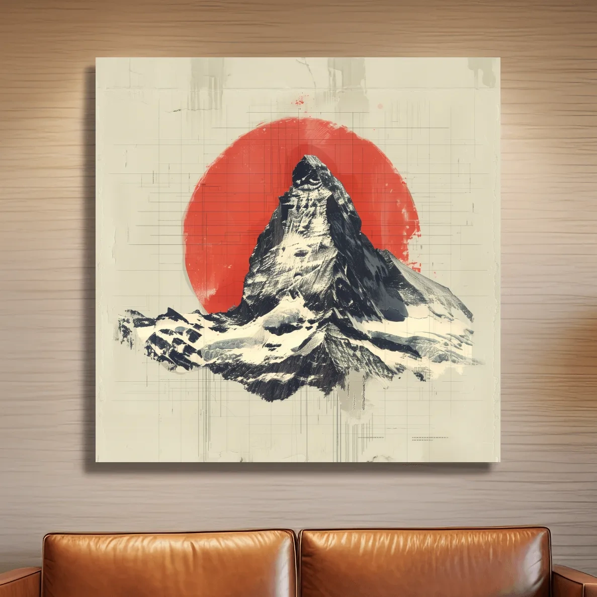 Matterhorn at sunset drawing, Swiss Alps, Japandi style illustration mountain artwork