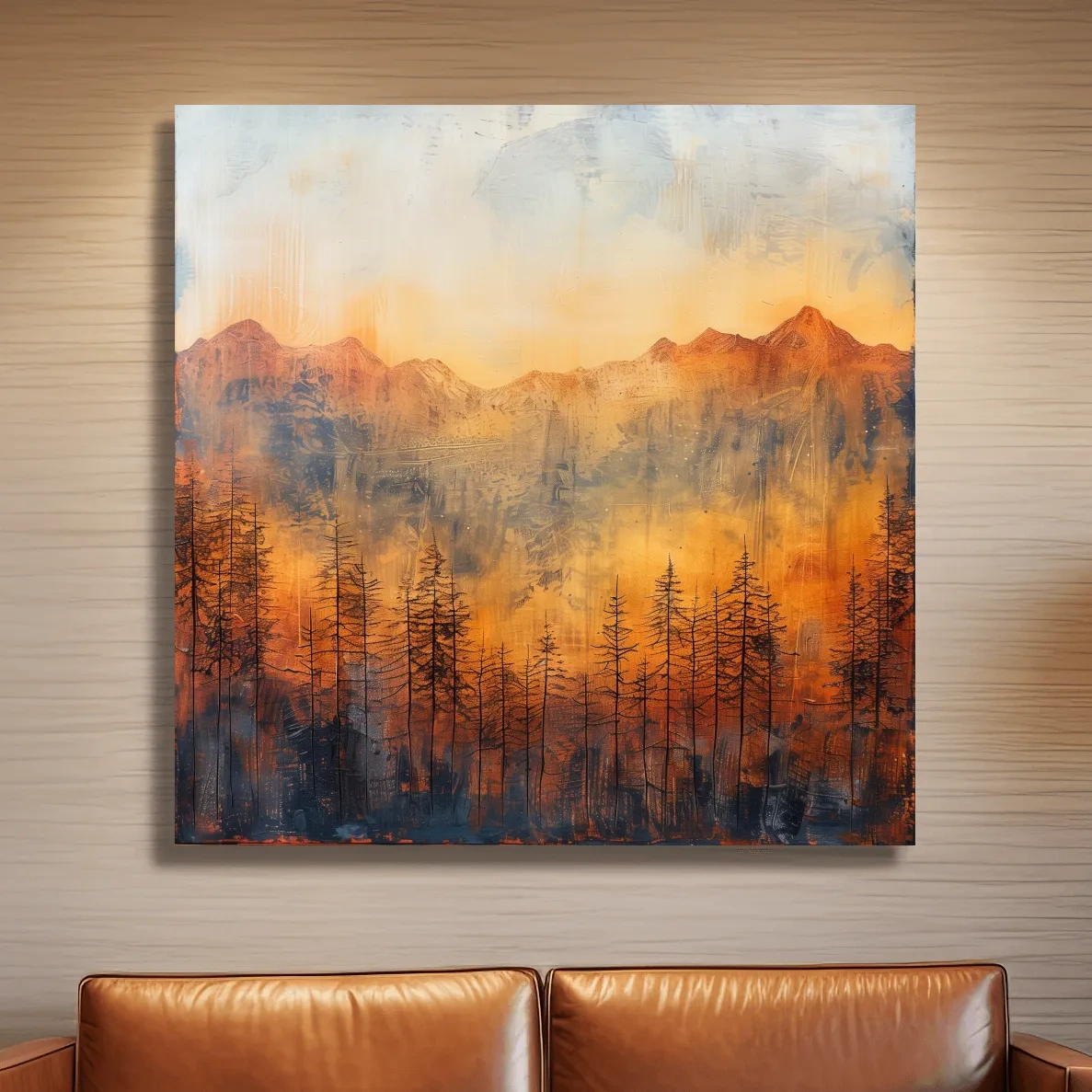 Moody Abstract Mountain Sunrise With Silhouetted Pine Forest - Textured Landscape Painting