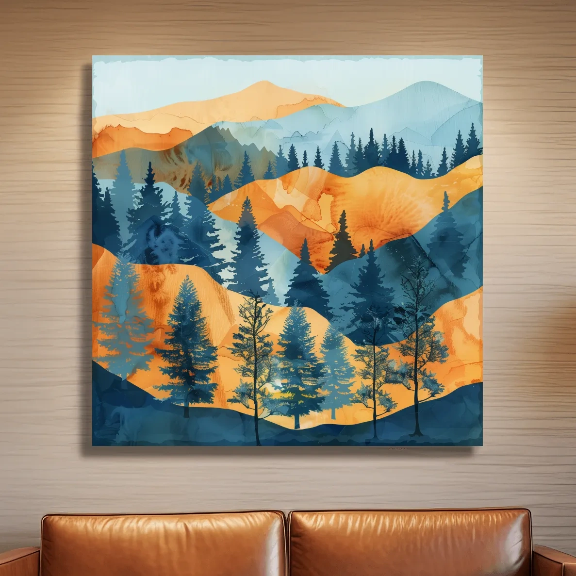 Watercolour painting forest wall art, pine trees, rolling hills and mountains