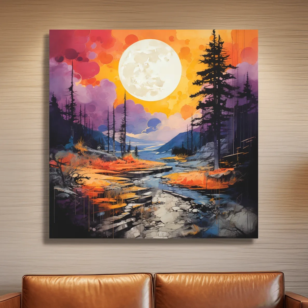 Colorful river and mountain sunset scene, illustration wall art