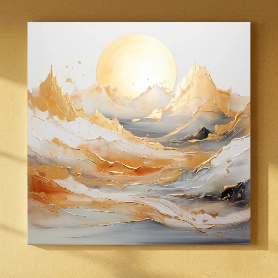 Gold Leaf Abstract Mountains Painting - Minimalist Sunrise Landscape Wall Art