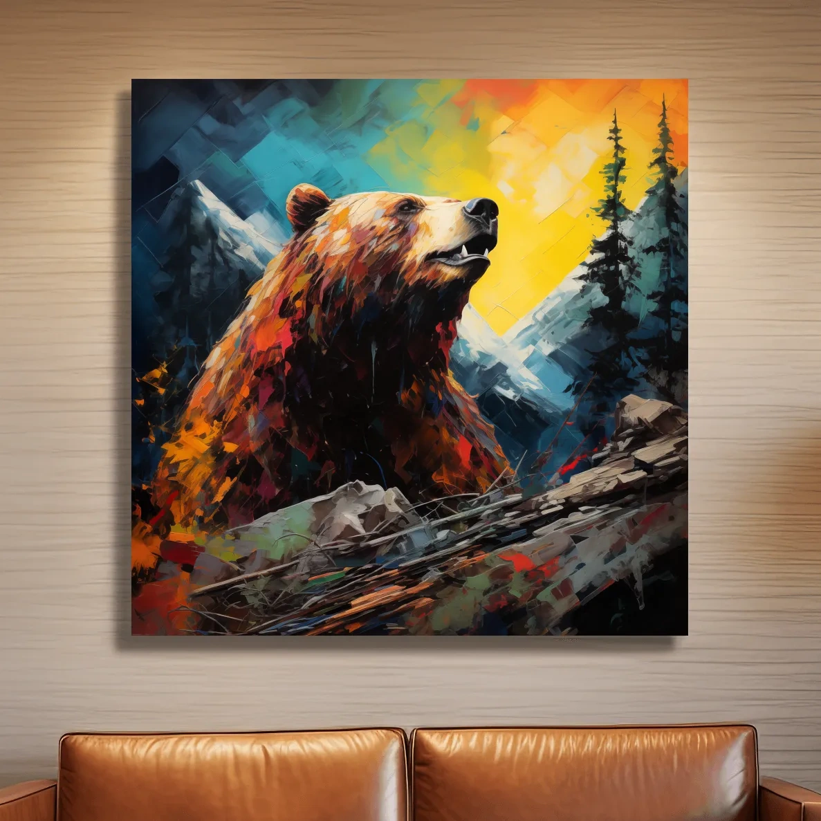 Colourful painting of a grizzly bear in the mountains