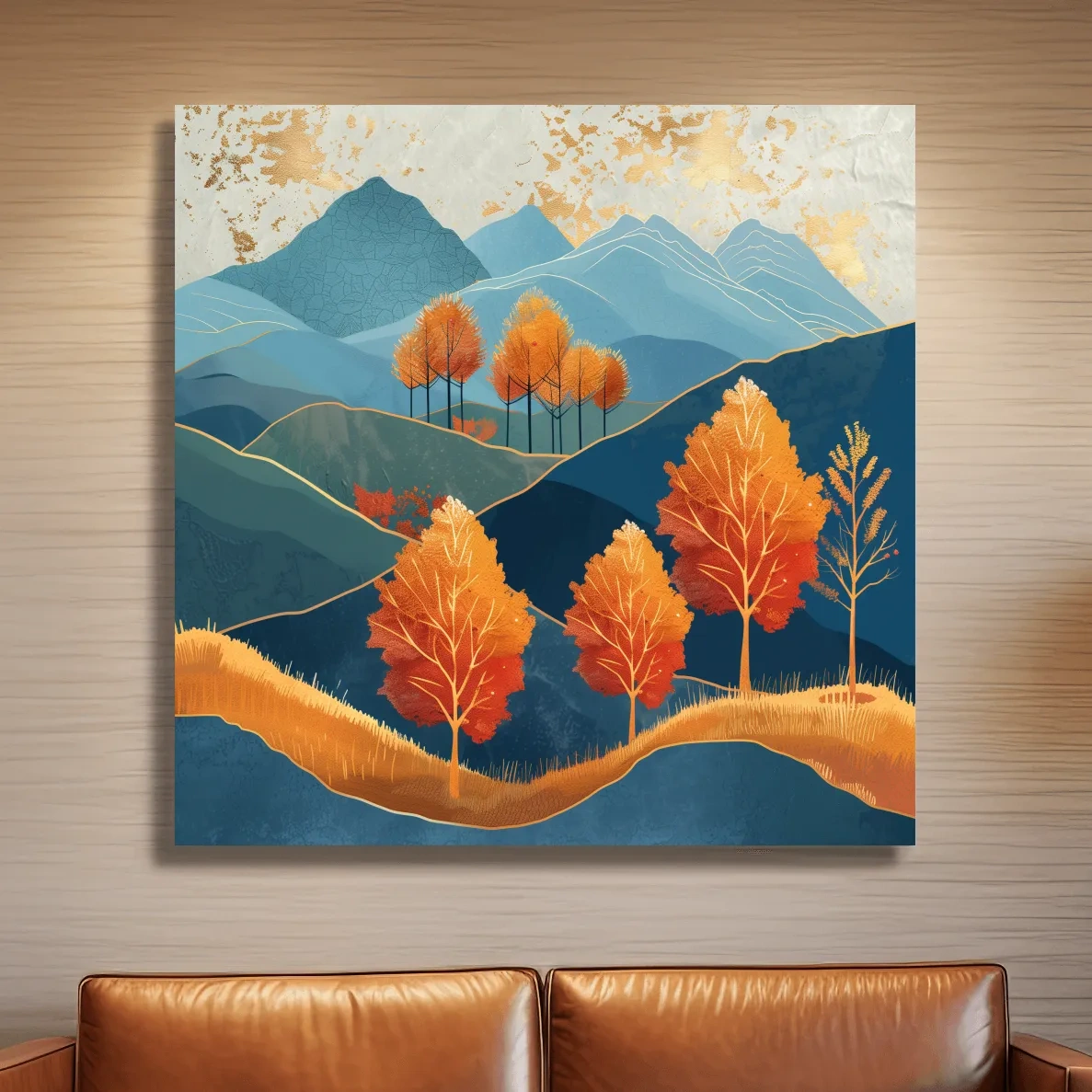 Autumn Aspen Trees In Layered Blue Mountains - Modern Gold Leaf Style Wall Art