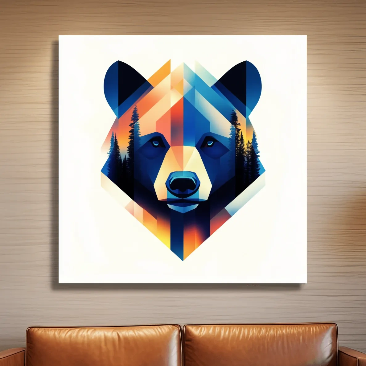 Colorful bear head illustration print, double exposure forest wall art