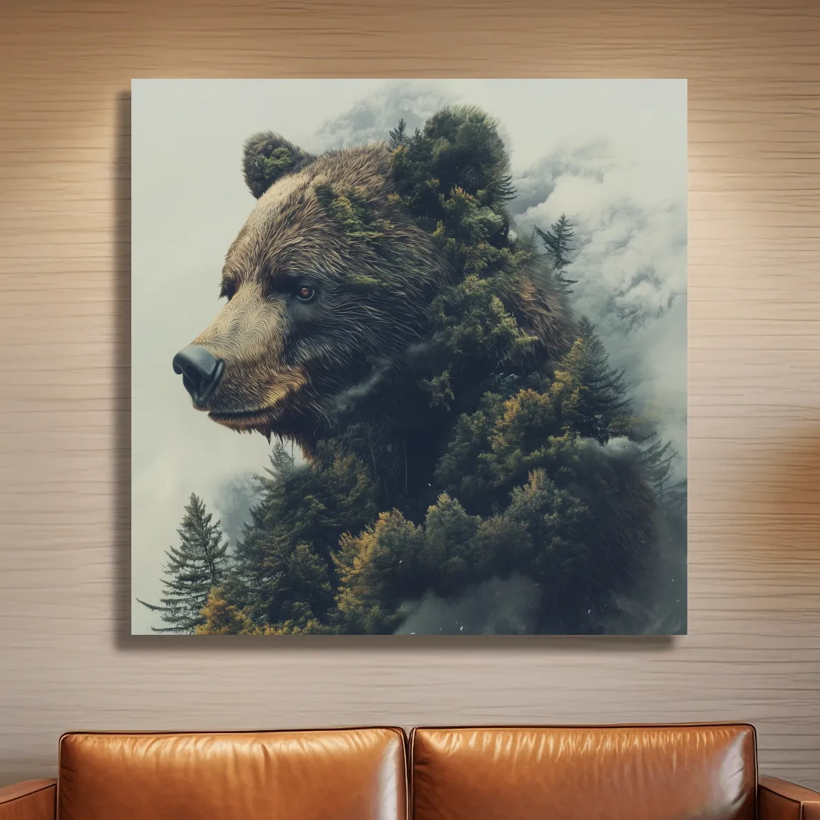 Surreal wall art, a grizzly bear morphing from a forest