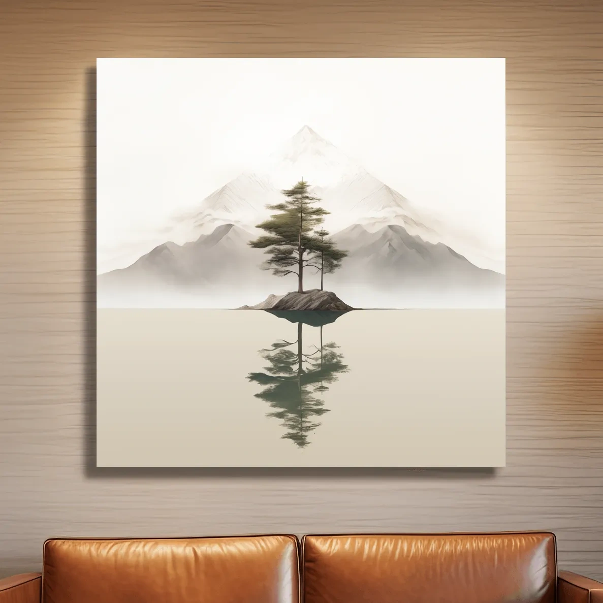Minimal mountain art, tree reflecting on a lake