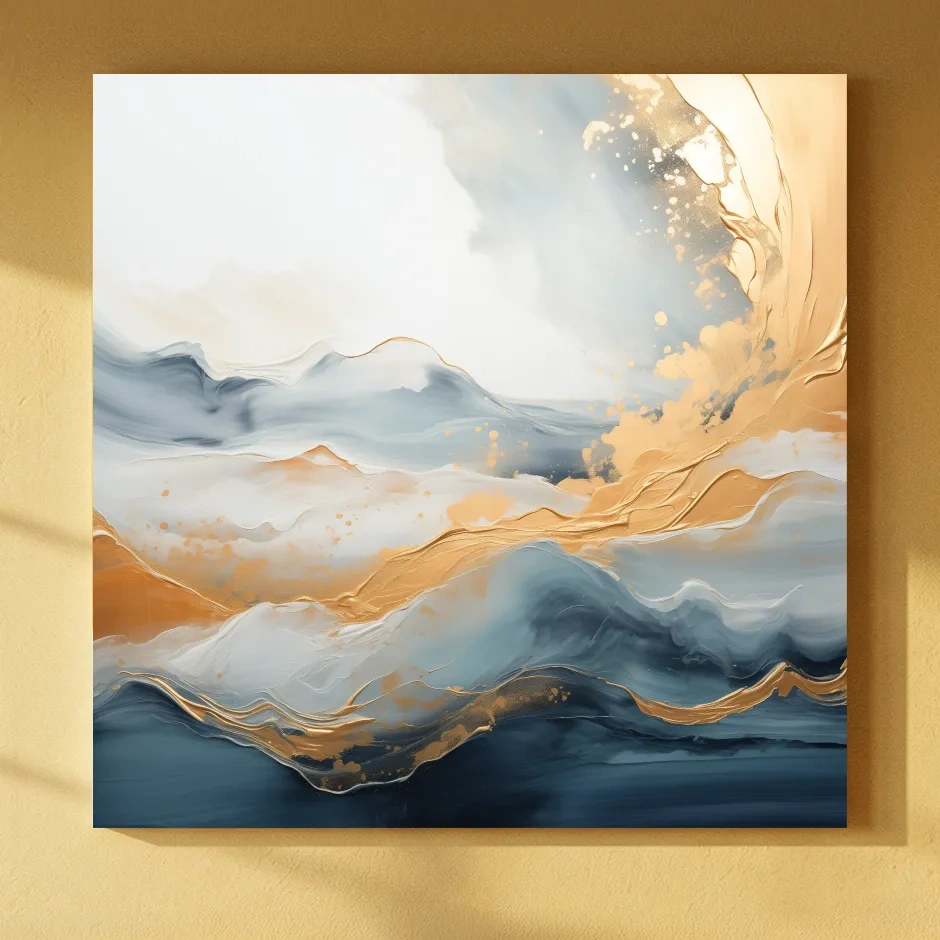 Fluid Abstract Blue And Gold Mountain Landscape - Modern Mixed Media Wall Art