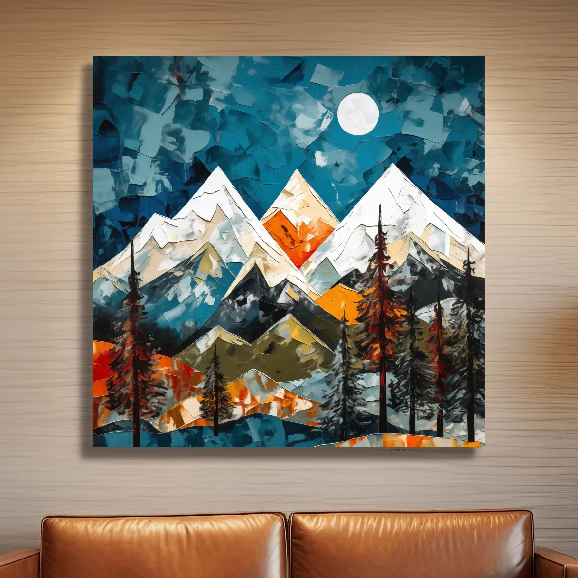Abstract Impasto Style Mountain Nightscape - Moonlit Alpine Landscape Wall Art