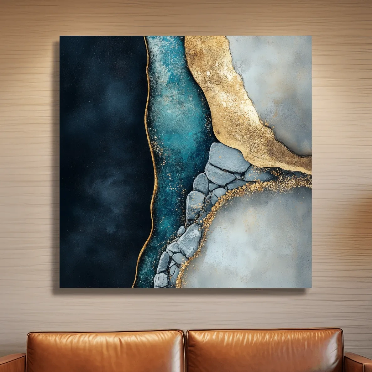 Elegant abstract riverbed rock artwork, natural flowing modern wall art