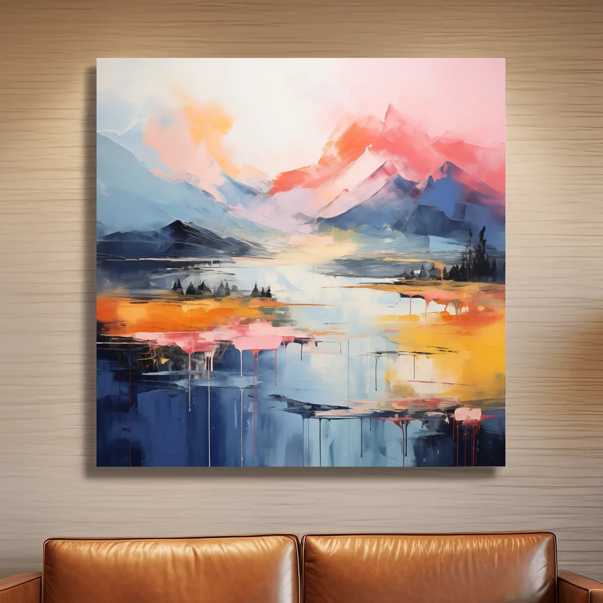 Abstract mountain landscape artwork, vibrant colors in oil painting style