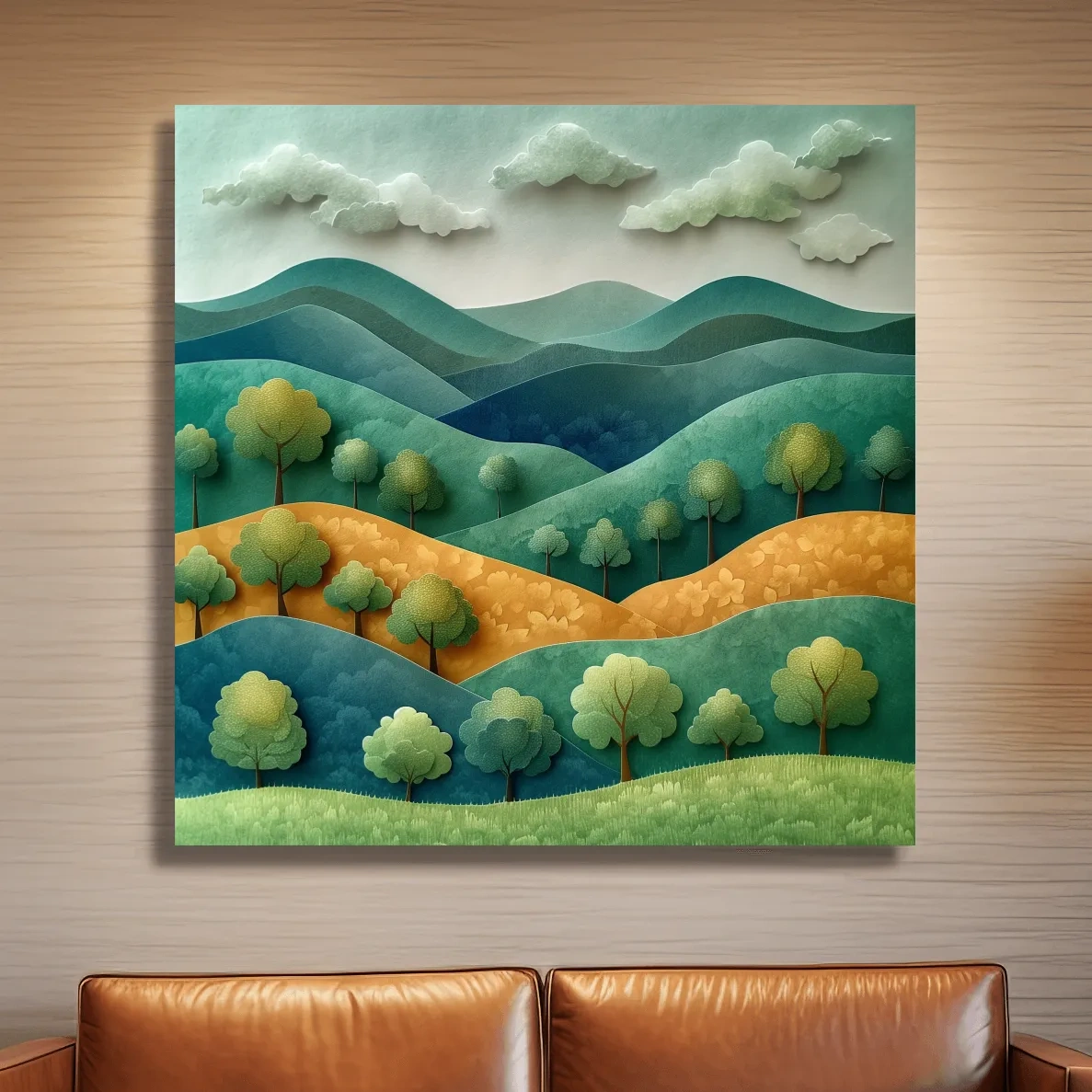 Rolling hills and trees 3d artwork, layered paper quilling effect