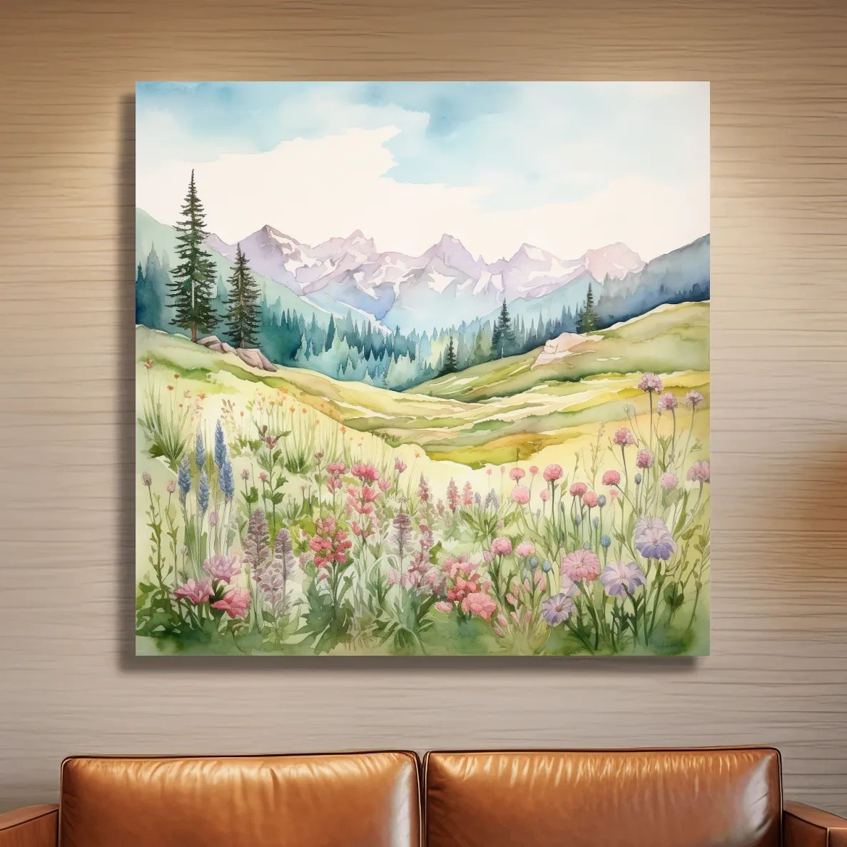 Watercolour painting of alpine flowers in pastel mountain meadows