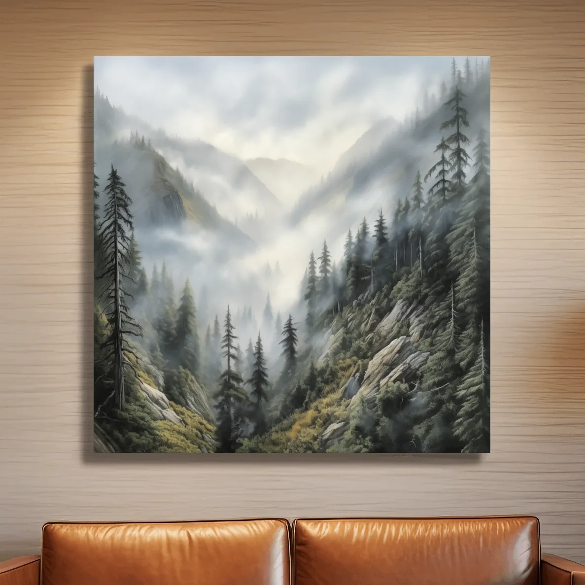 Painting of fog rolling through the mountains and trees