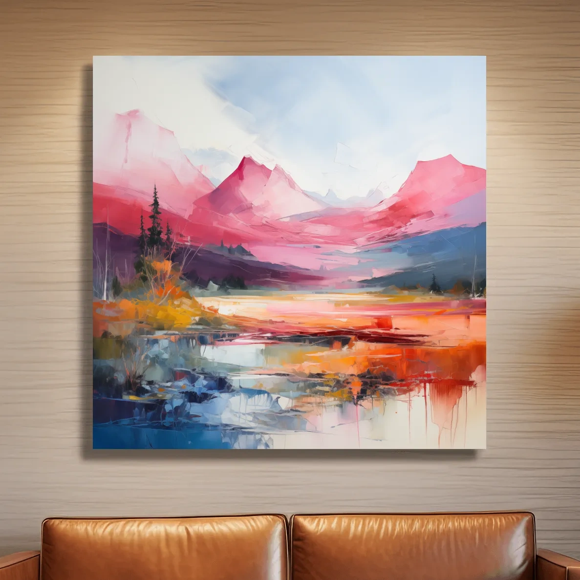 Vibrant Abstract Impressionist Alpine Lake Sunset Painting - Colorful Mountain Wall Art