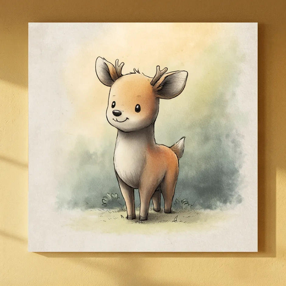 Cute Baby Deer Watercolor Illustration - Whimsical Woodland Nursery Wall Art